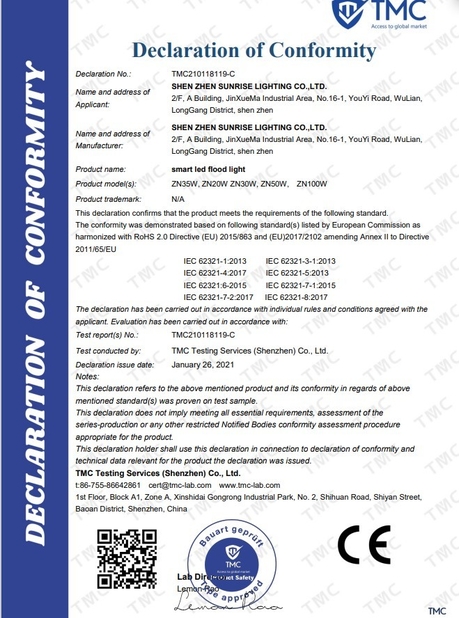 China Shenzhen Sunrise Lighting Co.,Ltd. Certificaten